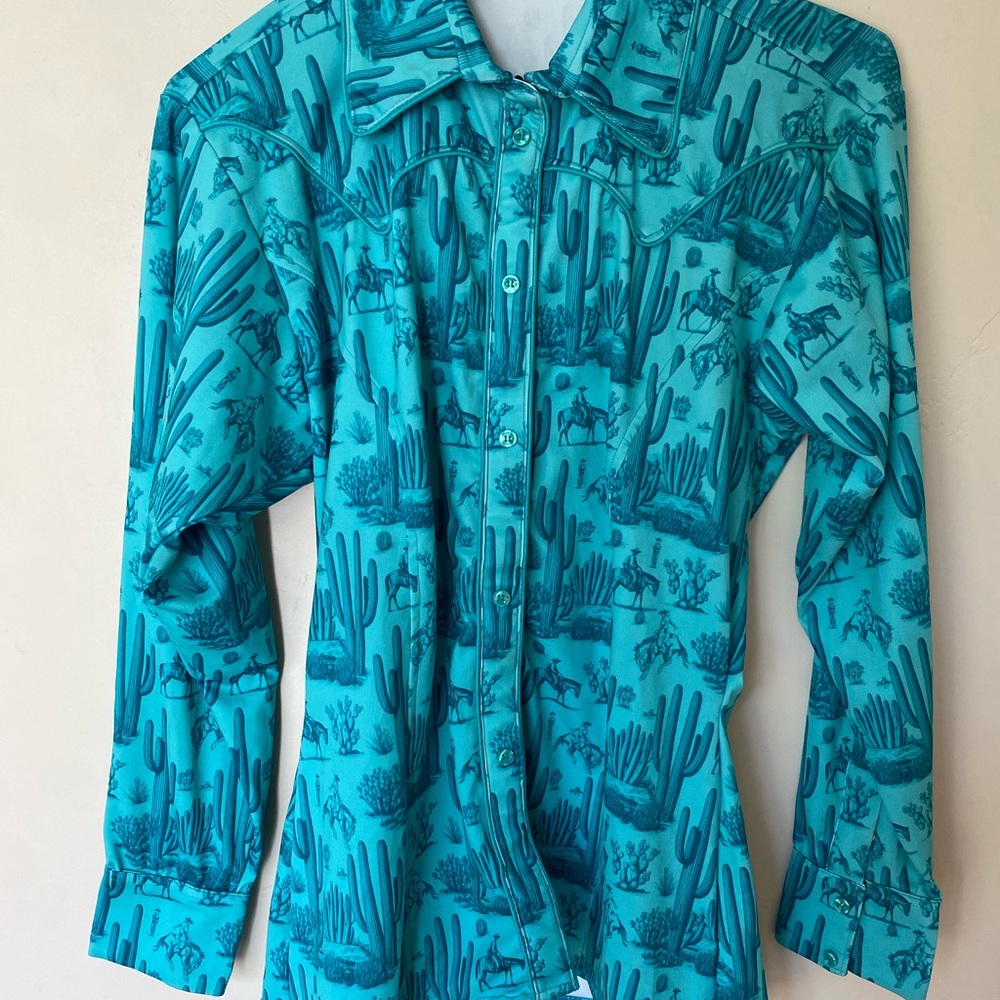 Saguaro Show Pads Turquoise Western Button-Up Shirt with Desert Print
